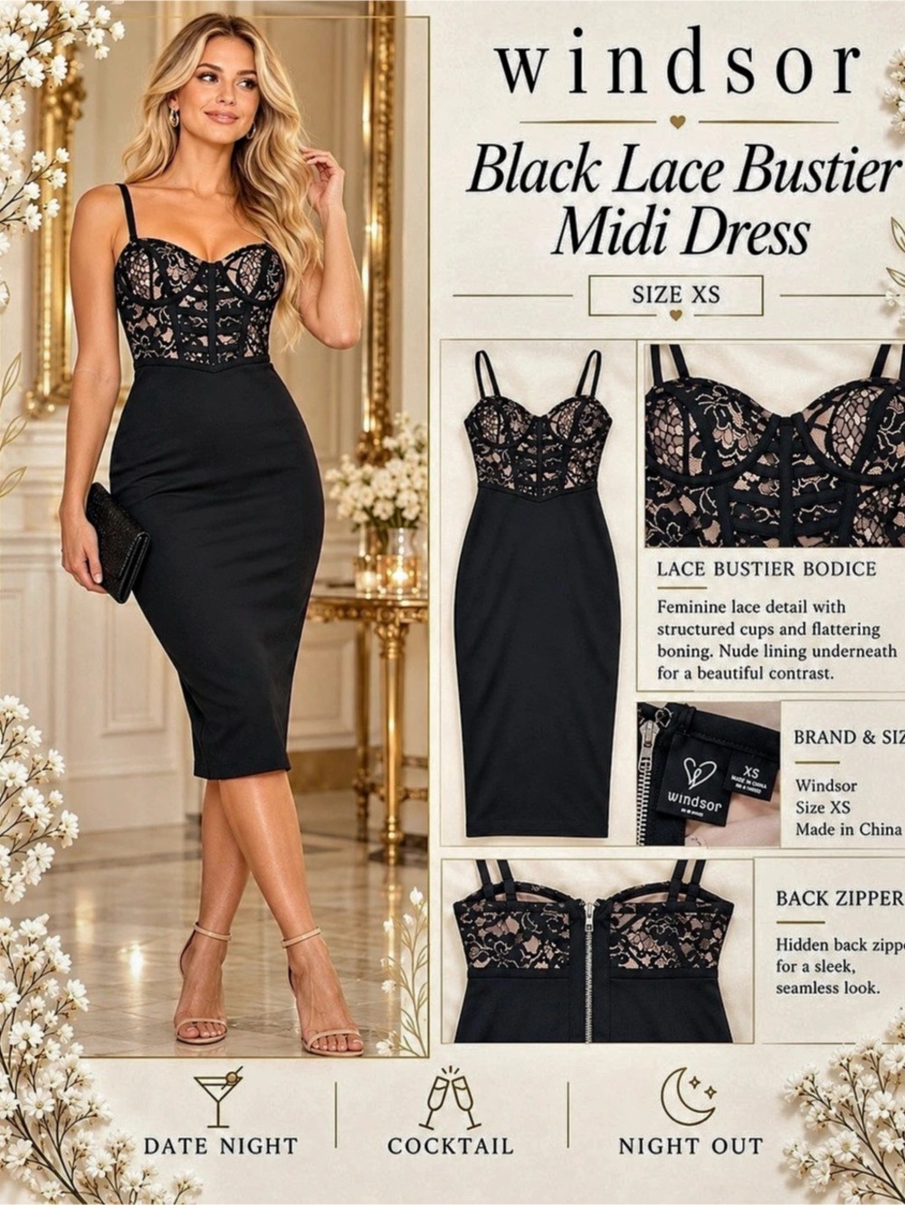 Windsor Black Lace Bustier Midi Dress Lace Bustier Midi Dress Black XS Like New